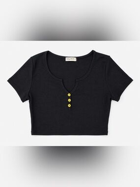 Popular 21 Black Ribbed Crop Top Yellow Button Detail Size L